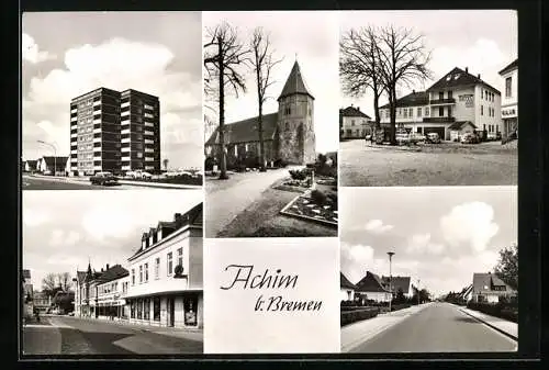AK Achim b. Bremen, Gieschen`s Hotel, Kirche und Geschäfte