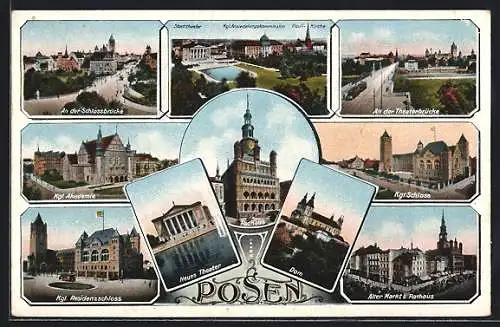 AK Posen-Poznan, Stadttheater, Akademie, Schloss, Residenzschloss, Theater, Dom, Theaterbrücke, Alter Markt