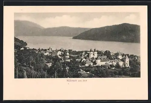 AK Millstatt am See, Ortsansicht mit See und Bergen aus der Vogelschau