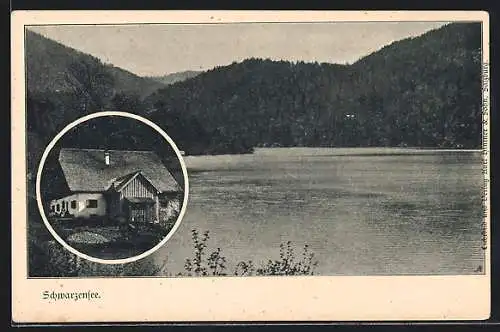 AK St. Wolfgang, Schwarzensee, Blick über den See und Gebäudeansicht