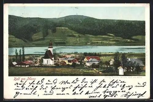 AK Zell am Moos, Ortsansicht mit See und Bergen