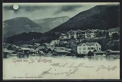 Mondschein-AK St. Wolfgang, Ortsansicht mit See und Bergen