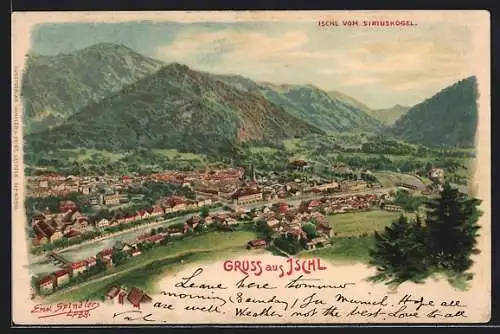 Künstler-Lithographie Erwin Spindler: Bad Ischl, Blick vom Siriuskogel auf den Ort