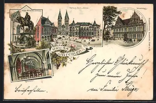 Vorläufer-Lithographie Bremen, 1894, Gewerbehaus, Inneres Gasthaus Ratskeller, Rathaus, Dom und Börse