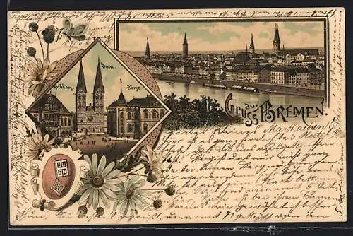 Lithographie Bremen, Totalansicht mit Marktplatz, Dom, Rathaus und Börse