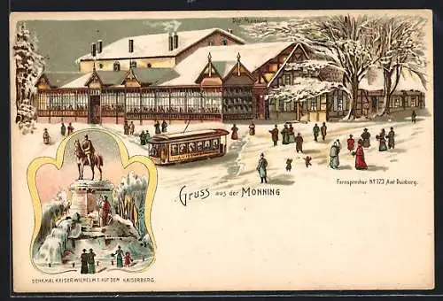 Winter-Lithographie Duisburg, Die Monning, Denkmal Kaiser Wilhelm I. auf dem Kaiserberg, Strassenbahn