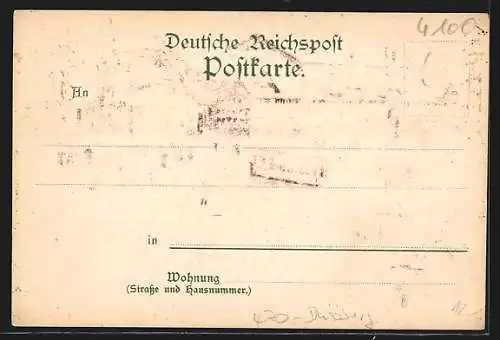 Winter-Lithographie Duisburg, Die Monning, Denkmal Kaiser Wilhelm I. auf dem Kaiserberg, Strassenbahn