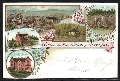 Lithographie Hardenberg-Neviges, Stiftung Wohlfahrt, Krankenhaus, Kreuzberg