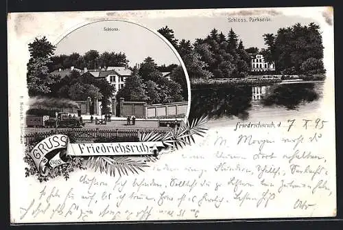 Vorläufer-Lithographie Friedrichsruh, 1895, Das Schloss mit Eisenbahn, Parkseite mit Teich