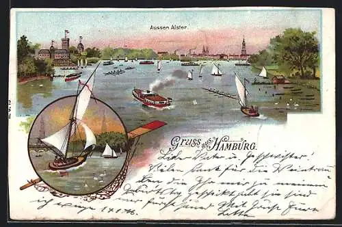 Lithographie Hamburg, Panorama der Aussen Alster mit Segelbooten und Flussdampfer