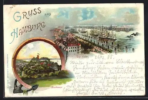 Lithographie Hamburg-Blankenese, Schiffe im Hafen