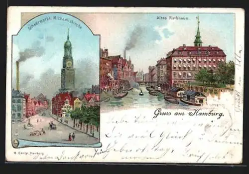 Lithographie Hamburg, Schaarmarkt Michaeliskirche, das alte Rathaus