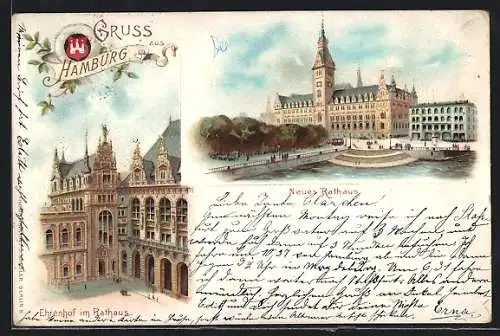 Lithographie Hamburg, Ehrenhof im Rathaus, Neues Rathaus