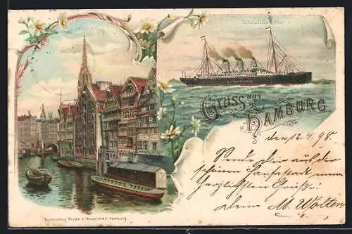 Lithographie Passagierschiff Schnelldampfer Normannia, Catharinenfleth in Hamburg