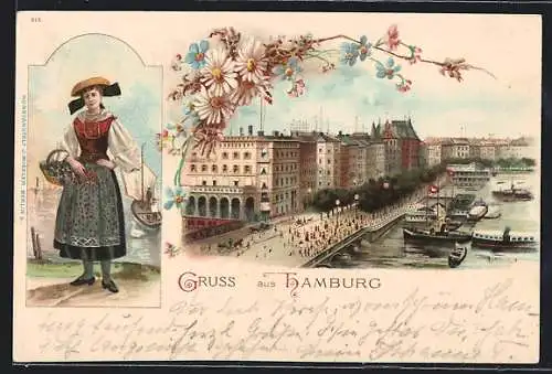 Lithographie Hamburg-Neustadt, Menschen auf der Promenade