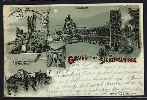 Mondschein-Lithographie Drachenfels /Siebengebirge, Ruine und Restaurant, die Drachenburg, Bergbahn