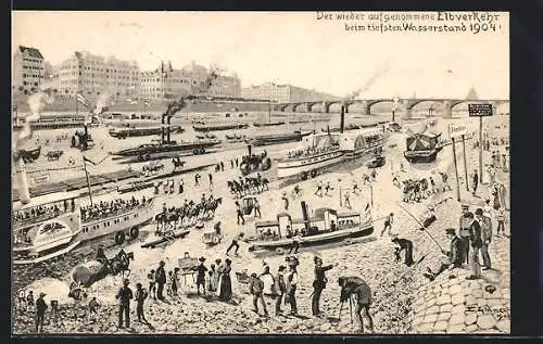 Künstler-AK Dresden, Elbverkehr bei tiefstem Wasserstand der Elbe im September 1904, Frauenkirche in der Ferne