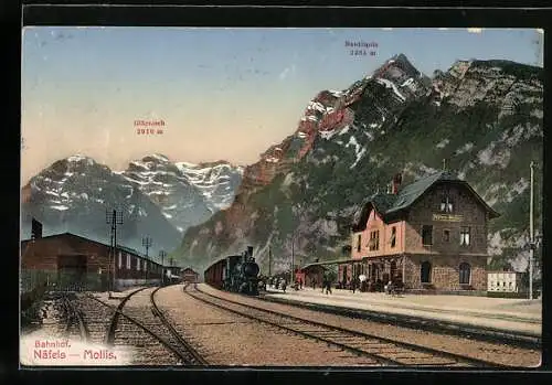 AK Näfels-Mollis, Bahnhof mit Glärnisch und Rautispitz