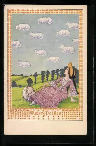 Künstler-AK Wilhelm List: Frau auf der Wiese, Oster-Wolken sehen aus wie Schäfchen