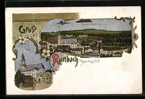 Lithographie Rainbach im Innkreis, Teilansicht, Kirche