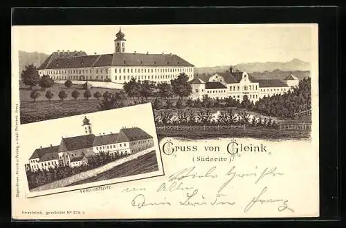 Lithographie Steyr, Benediktinerstift Gleink von Süden und Nordosten