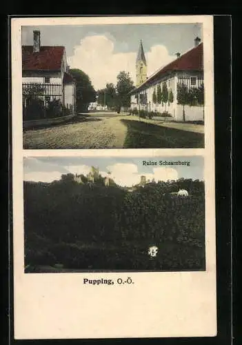 AK Pupping /O.-Ö., Strassenpartie mit Kirche, Ruine Schaumburg