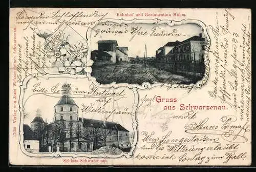 AK Schwarzenau, Bahnhof und Restaurant Muhm, Schloss