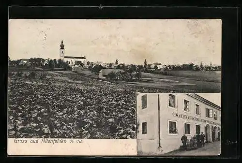 AK Altenfelden /Ob. Oest., Gasthaus und Handlung L. Wegerbauer, Ortsansicht mit Kirche