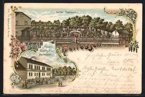 Lithographie Herressen b. Apolda, Haupt`s Gasthof zu Herressen, Garten-Restaurant