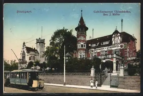 AK Stuttgart, Café-Restaurant Uhlandshöhe mit Strassenbahn