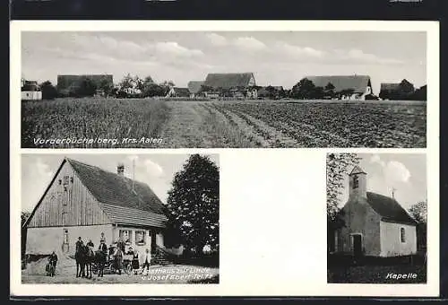 AK Vorderbüchelberg / Abtsgemünd, Gasthaus zur Linde J. Ebert, Kapelle, Ortspanorama