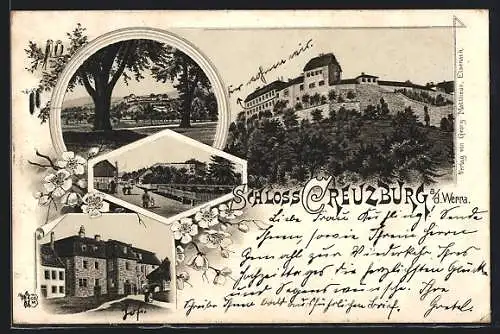 Lithographie Creuzburg a. d. Werra, Blick auf das Schloss und Strassenpartien