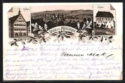 Lithographie Münsingen, Rathaus und Schloss