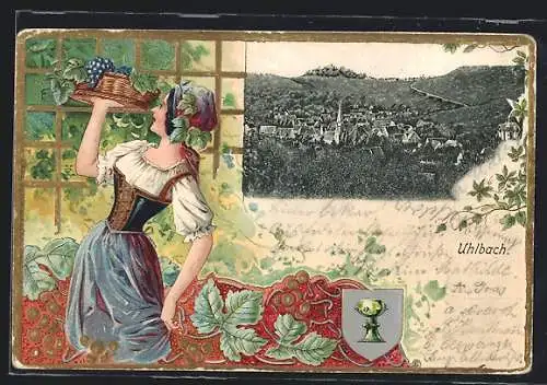 Passepartout-Lithographie Stuttgart-Rothenberg, Teilansicht m. geprägter Frau in Tracht