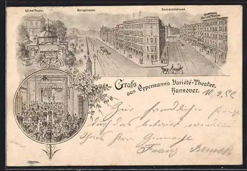 Lithographie Hannover, Oppermann`s Variété-Theater, Kgl. Hoftheater, Georgstrasse