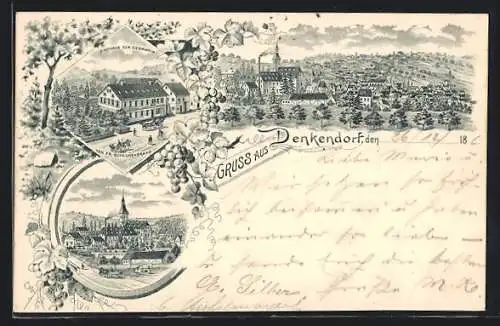 Lithographie Denkendorf / Württ., Gasthaus zur Krone, Totalansicht, Kirche