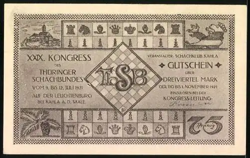 Notgeld Kahla a. d. Saale 1921, 75 Pfennig, XXIX. Kongress des Thüringer Schachbundes