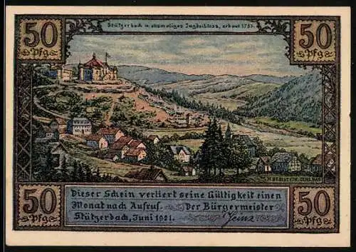 Notgeld Stützerbach 1921, 50 Pfennig, Gasthaus zum Weissen Ross, Jagdschloss, Altes Wirtshausschild