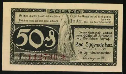 Notgeld Bad Suderode /Harz 1921, 50 Pfennig, Ortsansicht aus der Vogelschau