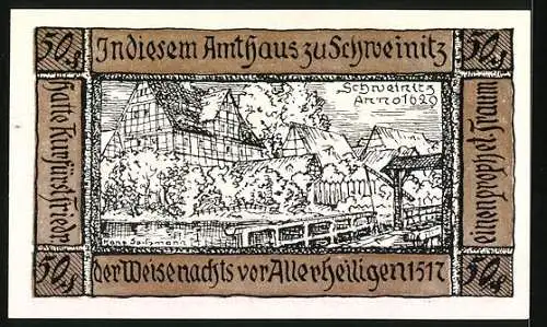 Notgeld Schweinitz 1921, 50 Pfennig, Amtshaus anno 1620
