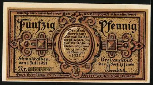 Notgeld Schmalkalden 1921, 50 Pfennig, Wandbild aus der Iweinsage, Speerkampf Iweins mit Key