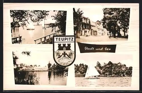 AK Teupitz, Strassenpartie mit Konsum, Segelboote, Wappen