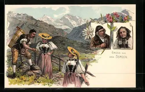 Lithographie Schweizer Bergmann hilft Frauen