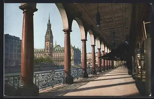 AK Hamburg, Alsterarkaden mit Blick zum Rathaus