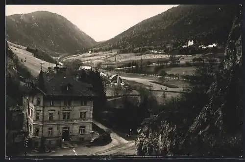 AK Schottwien, Hotel-Restaurant zum Touristen H. Waissnix mit Blick nach Maria Schutz aus der Vogelschau