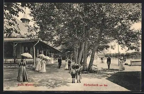 AK Pörtschach am See, Café Werzer, Frauen mit Sonnenschirmen auf der Uferpromenade