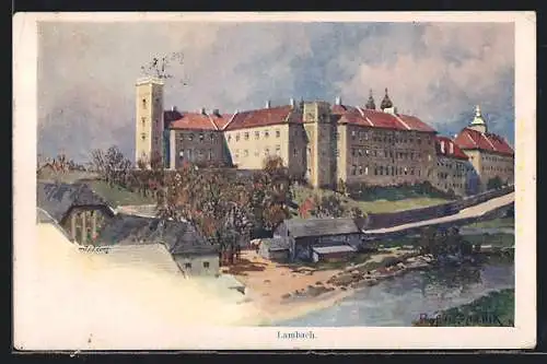 Künstler-Lithographie Franz Kopallik: Lambach, Partie im Ort