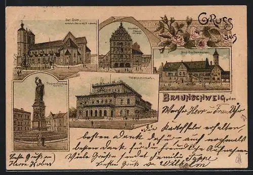 Lithographie Braunschweig, Gewand-Haus, Herzogliches Hoftheater, Sieges-Denkmal