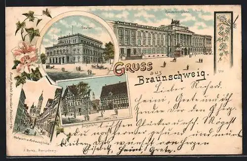 Lithographie Braunschweig, Residenzschloss, Theater, Burgplatz