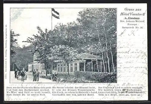 AK Elmshorn, Hotel Vossloch J. Welzow mit Strasse und Kutsche, Dame mit Fahrrad